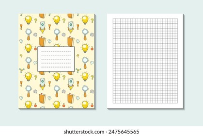 School notebook cover and page template. Education concept posters with pattern with office supplies and blank paper sheet with square grid , vector illustration