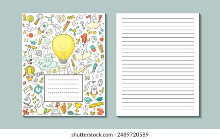 School notebook cover and page template. Creative sketch of idea concept with doodle icons of people, light bulb, pencil and rocket. Vector hand drawn illustration mockup of school education