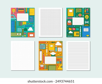 Portada de cuaderno escolar y Plantilla de página. Cartel de concepto de Educación con patrón geométrico abstracto con suministros de oficina y hojas de papel en blanco con líneas, cuadrícula cuadrada y puntos, Ilustración vectorial