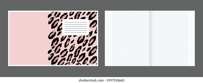 School notebook cover and realistic lined paper blank size reversal A5. Graph paper. Printable squared grid paper with color lines. Geometric background for school, book, diary.