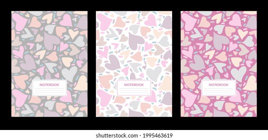 School Notebook Cover. Set College Notebooks. Design Cover Book. Pattern Of Multicolored Hearts. Back To School. Vector Illustration.