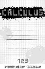 School notebook cover for school subjects in grunge style with splashes and stylized caption, also label for signing on page of copybook in cage. Back to school in black and white. Vector illustration