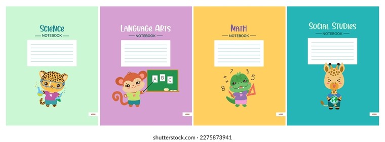 School notebook cover template set. Cute notepad workbook design with school subject headers. Stationery print. Safary animals kawaii style illustrations. Elementary education teaching resourses. 
