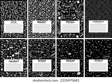 Juego de plantillas de portada de bloc de notas de la escuela. Diseño de cuaderno de notas con encabezados de temas escolares. Impresión de diseño. Recursos didácticos elementales. Vector de carteles de tipografía, afiches, volantes.