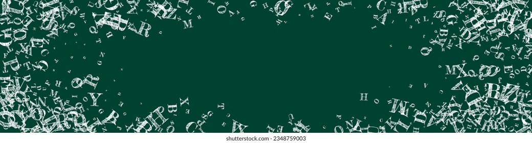 School notebook cover. White chalk  floating letters of Latin alphabet. Foreign languages study concept. Back to school banner on blackboard background.