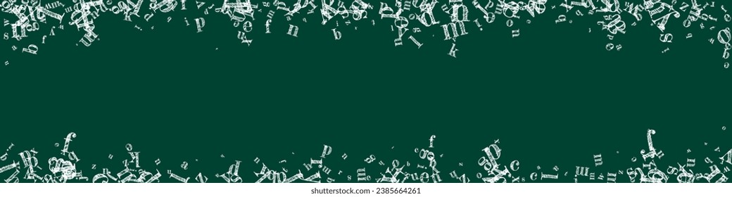 School notebook cover. White chalk  floating letters of Latin alphabet. Foreign languages study concept. Back to school banner on blackboard background.