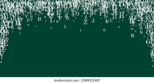 School notebook cover. White chalk  floating letters of Latin alphabet. Foreign languages study concept. Back to school banner on blackboard background.
