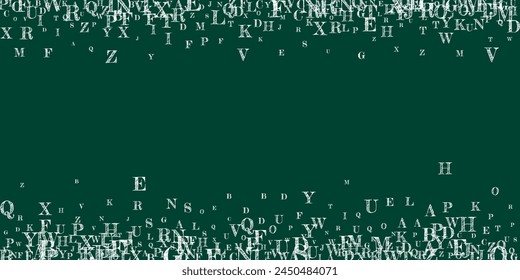 School notebook cover. White chalk floating letters of Latin alphabet. Foreign languages study concept. Back to school banner on blackboard background.