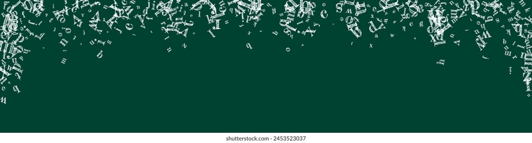 School notebook cover. White chalk  floating letters of Latin alphabet. Foreign languages study concept. Back to school banner on blackboard background.