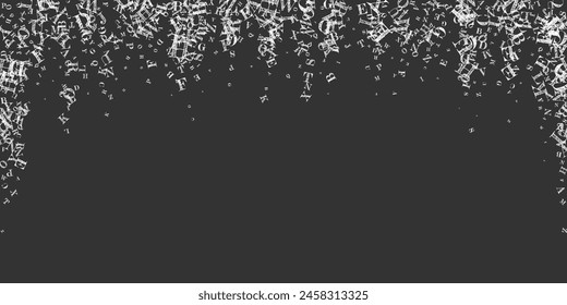 Cubierta de cuaderno escolar. Letras flotantes de tiza blanca del alfabeto Latina. Concepto de estudio de lenguas extranjeras. Anuncio de vuelta a la escuela en el fondo de pizarra.