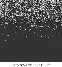 Capa de caderno escolar. Letras flutuantes de giz branco do alfabeto latino. Conceito de estudo de línguas estrangeiras. De volta ao banner da escola no fundo do quadro negro.