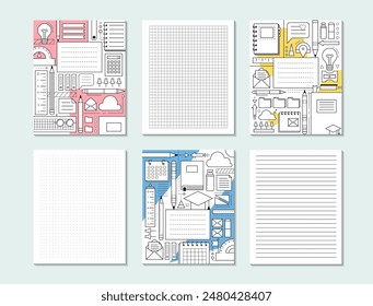 Portadas de cuadernos escolares y Plantilla de páginas. Afiches de concepto de Educación con patrón geométrico abstracto con suministros de oficina y hojas de papel en blanco con líneas, cuadrícula cuadrada y puntos, Ilustración vectorial