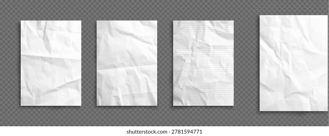 School notebook crumpled paper sheets with wrinkled texture, realistic vector. Lined paper sheets and crumpled blank pages of copybook with jammed folds on white background for posters or banners