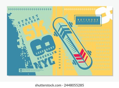 School notebook design concept with skateboard graphic and various geometric and abstract grunge shapes. Notebook cover vector template.