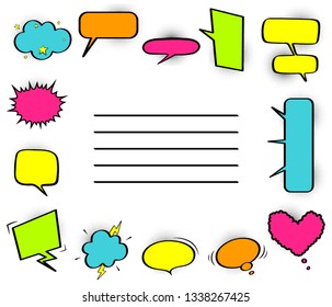 School notebook or diary page template. Frame of colored empty speech bubbles. Vector illustration.