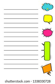 School notebook or diary page template. Frame of colored empty speech bubbles. Vertically oriented vector illustration.