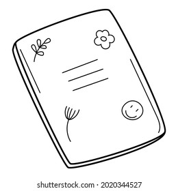 Un cuaderno escolar con dibujos. Doodle. Ilustración de vector blanco y negro dibujada a mano. Los elementos de diseño están aislados en un fondo blanco