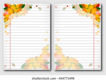 School notebook facing pages with yellow autumn leaves on page of copybook in line. Back to school. Vector illustration