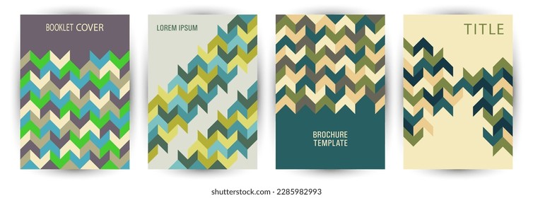 School notebook front page template set geometric design. Modernism style isometric journal mockup set vector. Mosaic geometric shapes theme vertical cover design