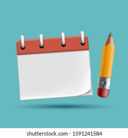 School notebook icon with pencil. Blank template with copy space. Vector illustration.