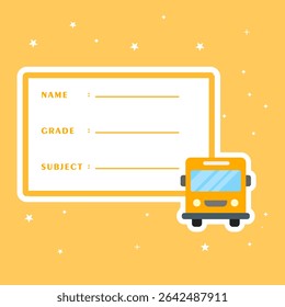 School notebook label with school bus sticker.