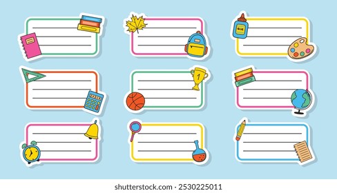 School notebook labels. Collection. Vector illustration