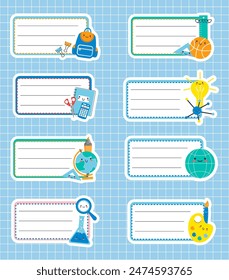 School Notebook Labels Vector Template Design. School Book, notebook Labels Template. Set stickers for notebook.