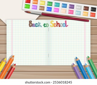 Cuaderno escolar para aprender a escribir sobre fondo con lápices de colores y hoja de dibujo, pinturas de acuarela con pincel de arte en superficie de madera. Usado como Anuncio de promoción de regreso a la escuela para el Diseño web.