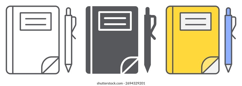 Icono de línea de cuaderno escolar, papel y educación, signo de nota, gráficos de Vector, un patrón lineal sobre un fondo blanco, eps 10.