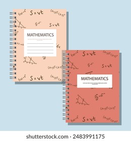 Schulheft für Mathematik. Das Cover des Notizbuchs zeigt ein Muster von Zahlen und Ebenen