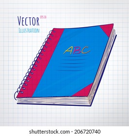 School notebook on checkered paper background. Vector illustration.
