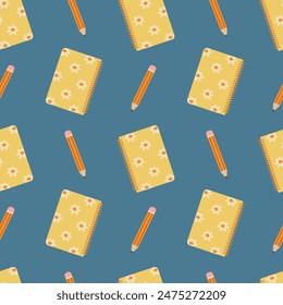 School notebook seamless pattern. Notepad and pencil on a blue background. Vector illustration for cover, background, card, packaging