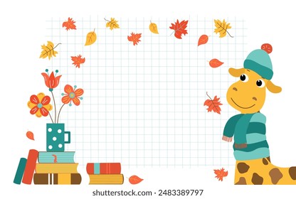 School notebook sheet, Checkered geometric background. Cartoon giraffe, stack of books, mug with flowers. Autumn leaves. Holiday, Day of Knowledge. Learning Concepts. African animal.