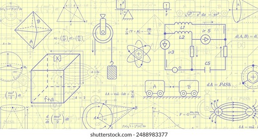 School notebook sheet with formulas.Physics and mathematics . Scientific research. Vector illustration.