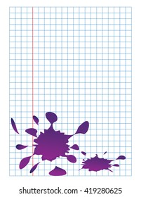 School notebook sheet with ink blot . Vector illustration on white background