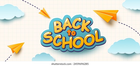 School notebook vector background. 3d flying yellow realistic paper planes with dash track, paper cut clouds with shadows, text greeting sign. Back to school illustration on grid sheet.