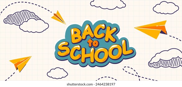 School notebook vector background. Flying yellow paper planes with dash track, linear clouds with striped structure, text greeting sign. Back to school illustration on grid sheet.