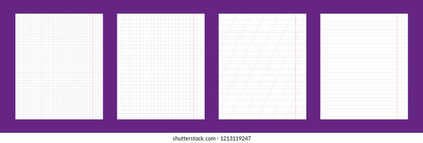 School notebook vertical paper sheet pattern set. Page standart size template. Texture for checkered notebook. Vector