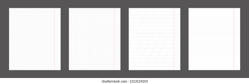 School notebook vertical paper sheet pattern set. Page standart size template. Texture for checkered notebook. Vector