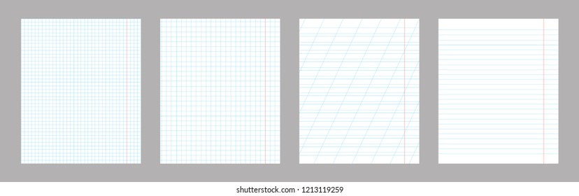 School notebook vertical paper sheet pattern set. Page standart size template. Texture for checkered notebook. Vector