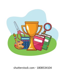 Ordenadores portátiles de la escuela pintan la calculadora de paletas y el diseño de trofeos, lección de la clase de educación y tema del conocimiento Ilustración vectorial