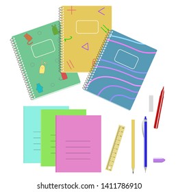 School notebooks and pens isolated vector flat image on white background
