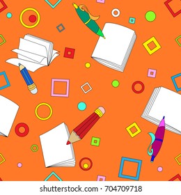 School notes seamless pattern on orange background. Tools for drawing. Cartoon color background.