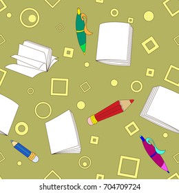 School notes seamless pattern on khaki background. Tools for drawing. Cartoon color background.