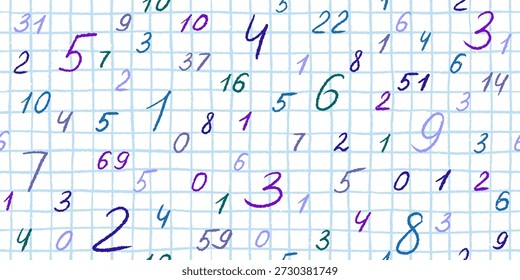 Números escolares al azar. Dibujado a mano de forma diferente. Matemáticas. Patrón sin fisuras de Vector sobre fondo transparente para textiles, papel de regalo.