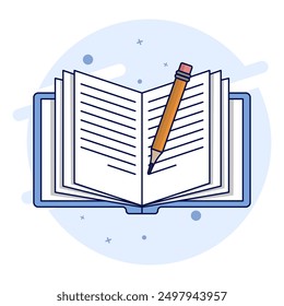 School Object Concept. Open Book and Pencil. Open book vector icon. top view of notebook, hard cover diary paper, pencil. Educational objects, magazine articles, dictionary pages. vector illustration.