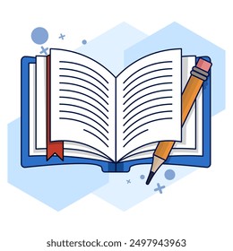 School Object Concept. Open Book and Pencil. Open book vector icon. top view of notebook, hard cover diary paper, pencil. Educational objects, magazine articles, dictionary pages. vector illustration.