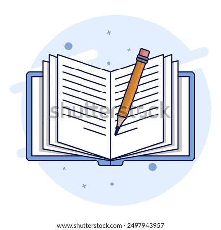 School Object Concept. Open Book and Pencil. Open book vector icon. top view of notebook, hard cover diary paper, pencil. Educational objects, magazine articles, dictionary pages. vector illustration.