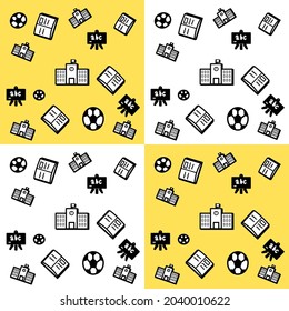 school object icon seamless pattern, blackboard football book,yellow and white background