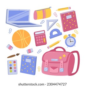 Schulobjekt für Kinder. Sammlung von Hilfsgütern für das Lernen. Rucksack, Taschenrechner, Basketball und Lineal. Notebook und Notebook. Cartoon-FlachVektorgrafiken einzeln auf weißem Hintergrund